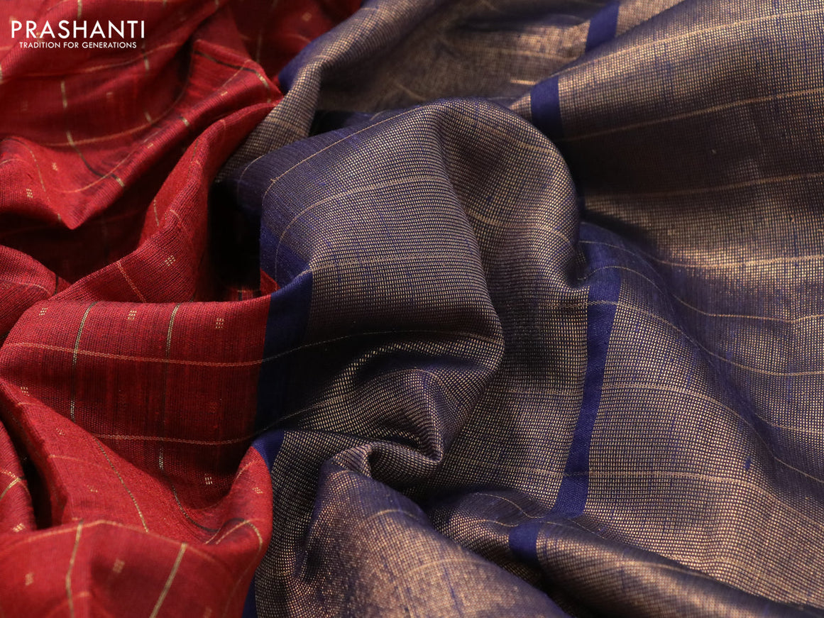 Dupion silk saree maroon and drak blue with allover zari checks & buttas and temple design rettapet zari woven border