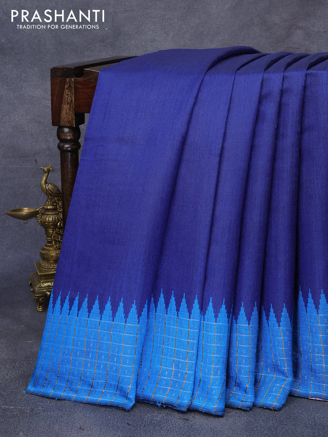 Dupion silk saree blue and cs blue with plain body and temple design zari checked border