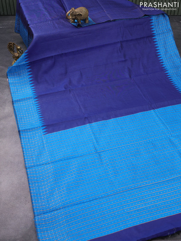 Dupion silk saree blue and cs blue with plain body and temple design zari checked border