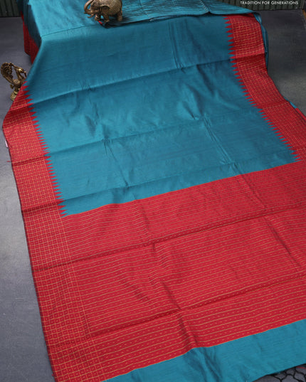 Dupion silk saree peacock green and maroon with plain body and temple design zari checked border