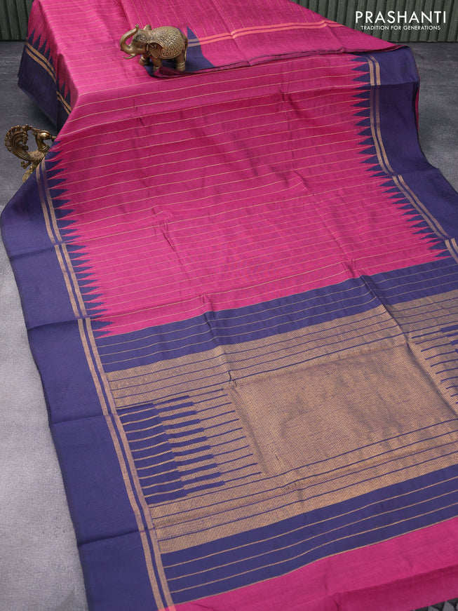 Dupion silk saree magenta pink and dark blue with allover zari weaves and temple design zari woven simple border