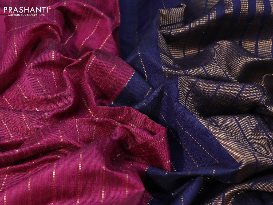 Dupion silk saree magenta pink and dark blue with allover zari weaves and temple design zari woven simple border