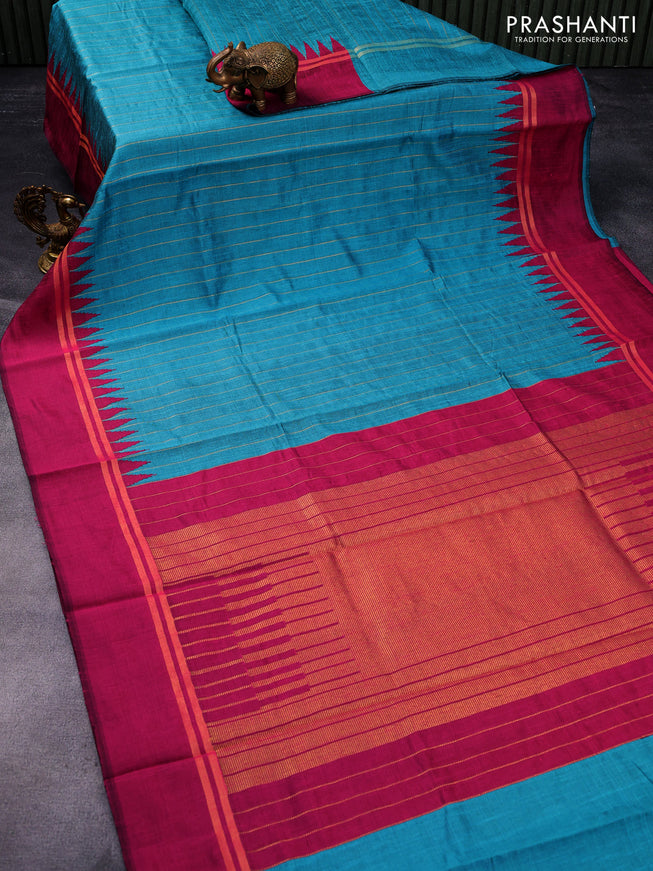 Dupion silk saree teal blue and magenta pink with allover zari weaves and temple design zari woven simple border