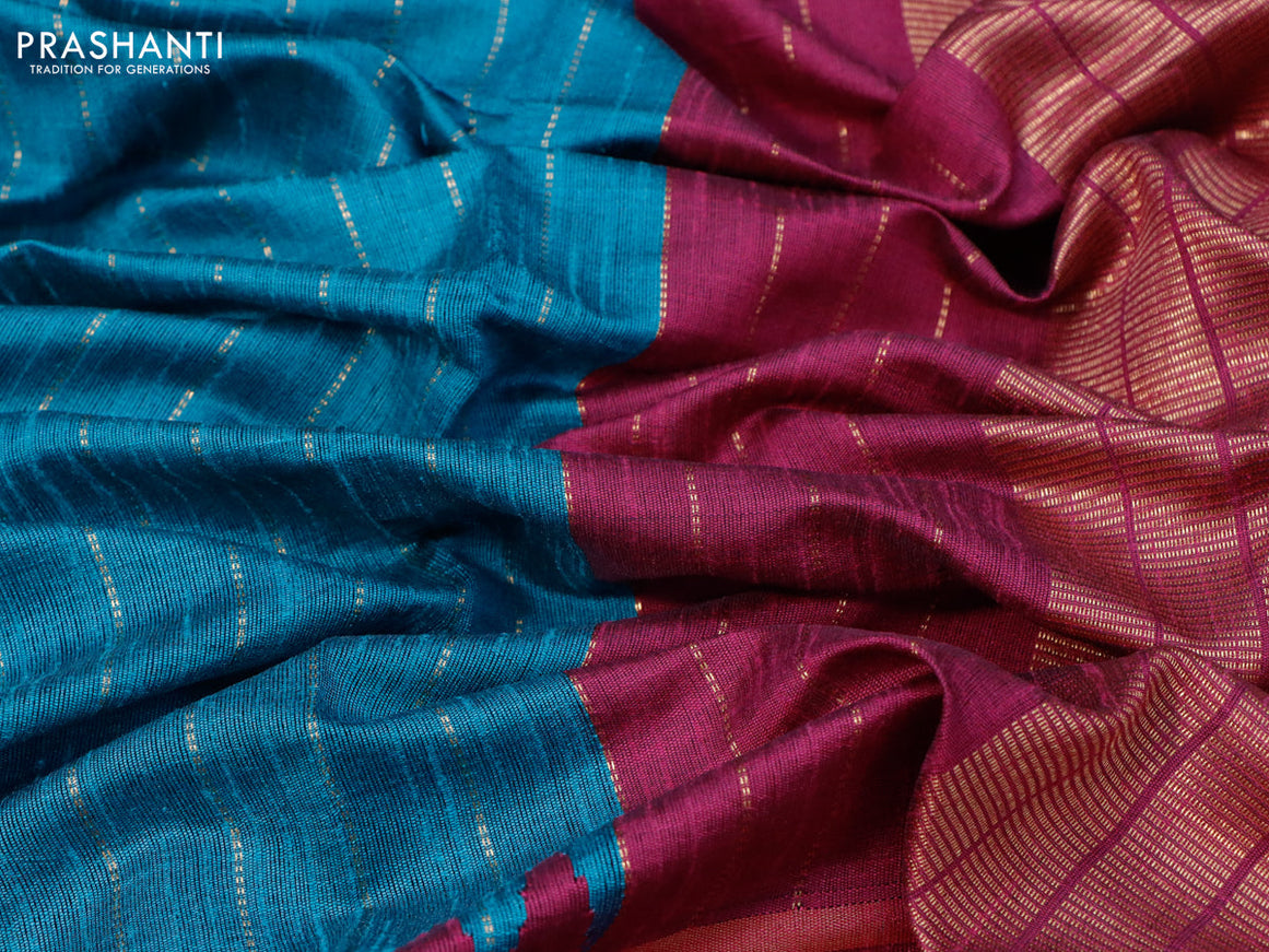 Dupion silk saree teal blue and magenta pink with allover zari weaves and temple design zari woven simple border