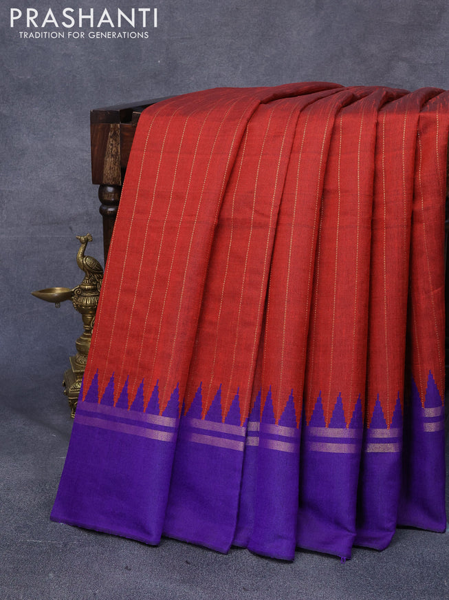 Dupion silk saree maroon and violet with allover zari weaves and temple design zari woven simple border