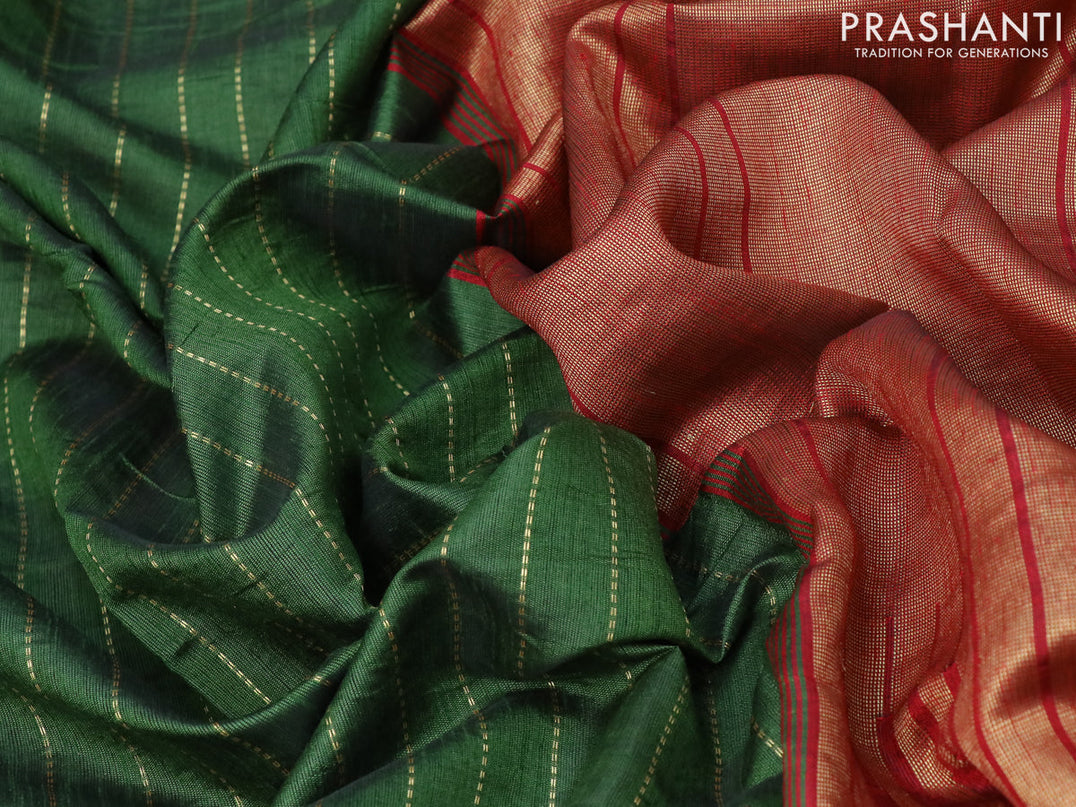 Dupion silk saree green and maroon with allover zari weaves and temple design zari woven simple border