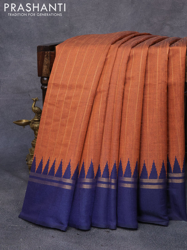 Dupion silk saree orange and dark blue with allover zari weaves and temple design zari woven simple border