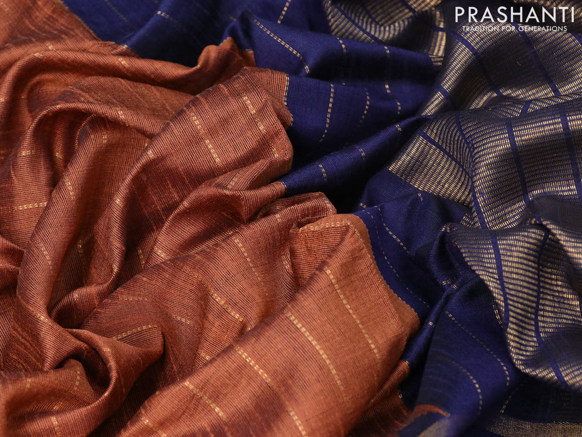 Dupion silk saree orange and dark blue with allover zari weaves and temple design zari woven simple border