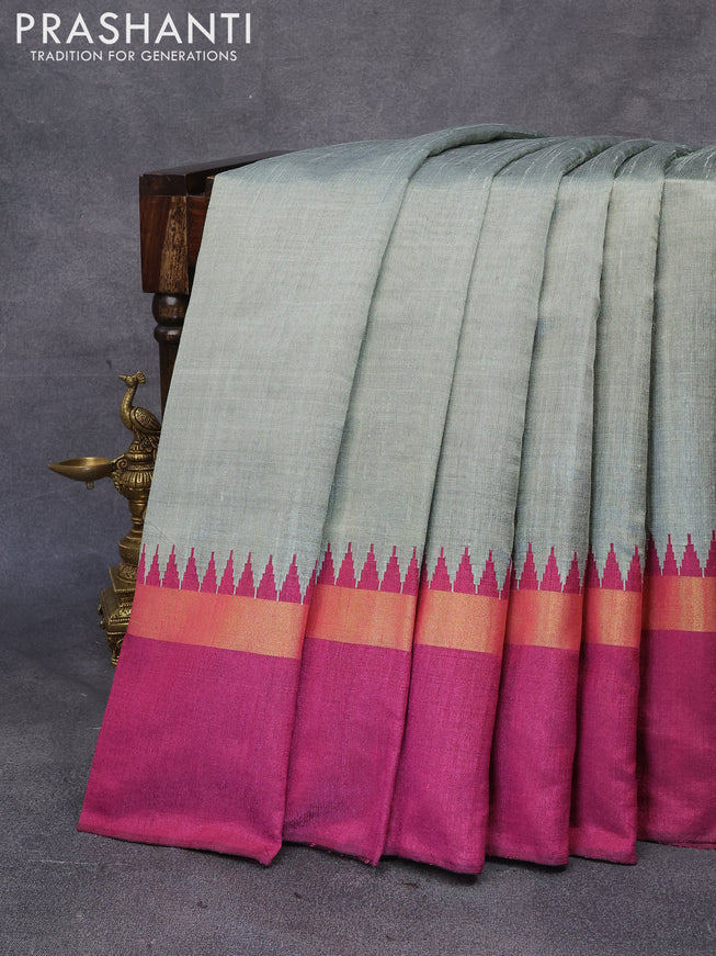 Dupion silk saree grey shade and magenta pink with plain body and temple design zari woven simple border