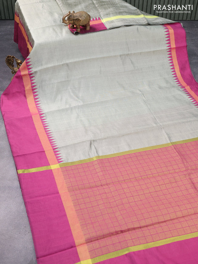 Dupion silk saree grey shade and magenta pink with plain body and temple design zari woven simple border
