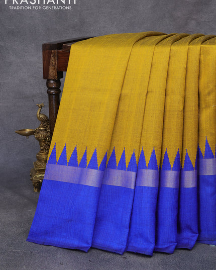 Dupion silk saree yellow and blue with plain body and temple design zari woven simple border