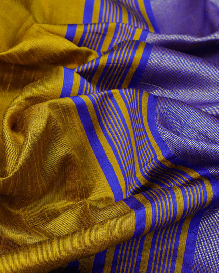 Dupion silk saree yellow and blue with plain body and temple design zari woven simple border