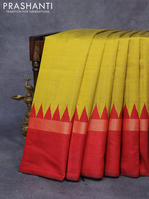 Dupion silk saree yellow and maroon with plain body and temple design zari woven simple border