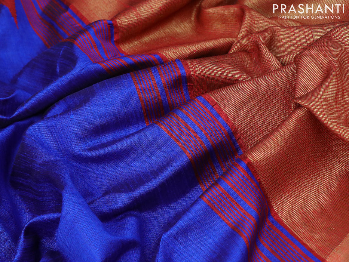 Dupion silk saree blue and maroon with plain body and temple design zari woven simple border