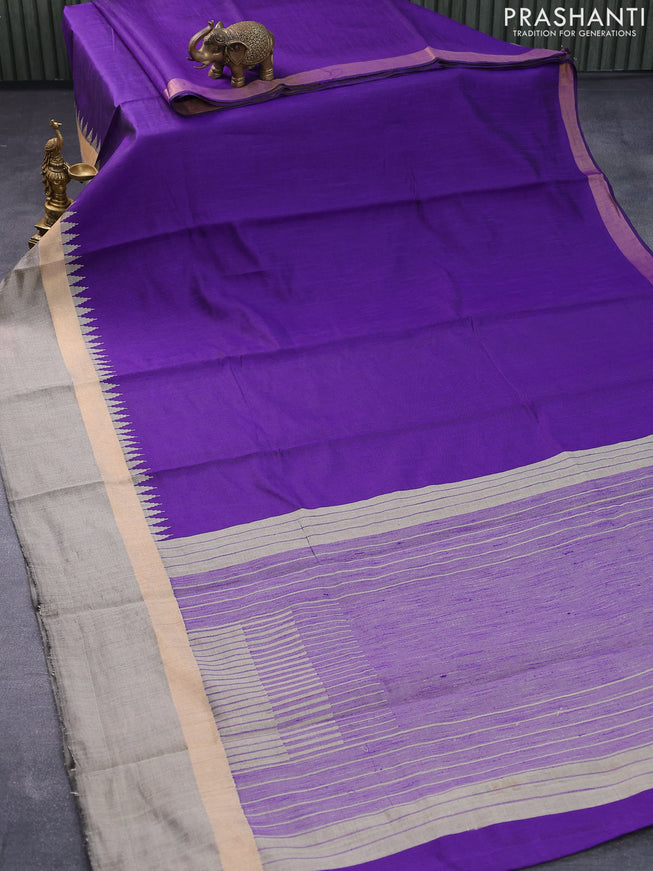 Dupion silk saree violet and grey shade with plain body and temple design zari woven simple border