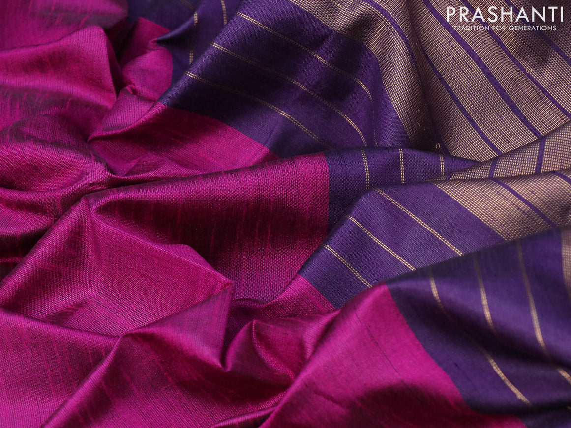 Dupion silk saree magenta pink and deep violet with plain body and temple design zari woven simple border