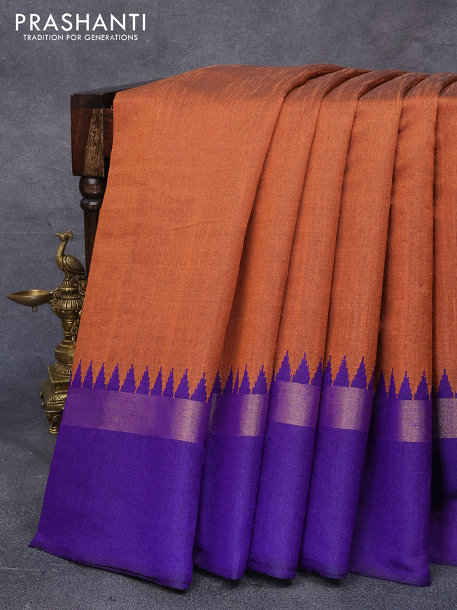 Dupion silk saree orange and violet with plain body and temple design zari woven simple border