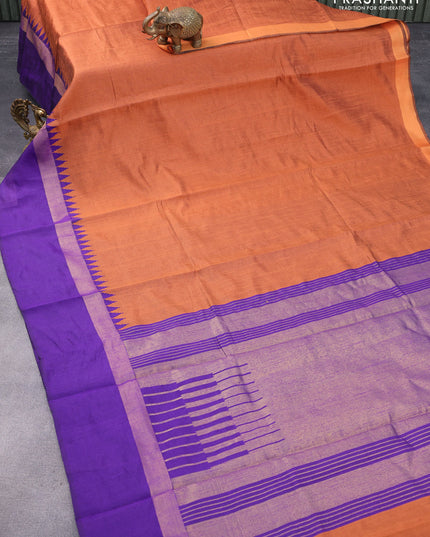 Dupion silk saree orange and violet with plain body and temple design zari woven simple border