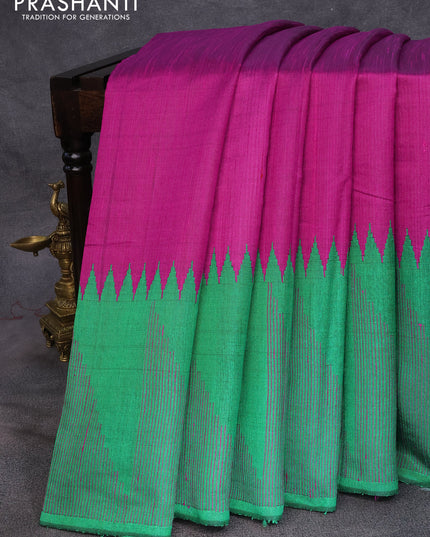 Dupion silk saree magenta pink and green with plain body and temple design thread woven border