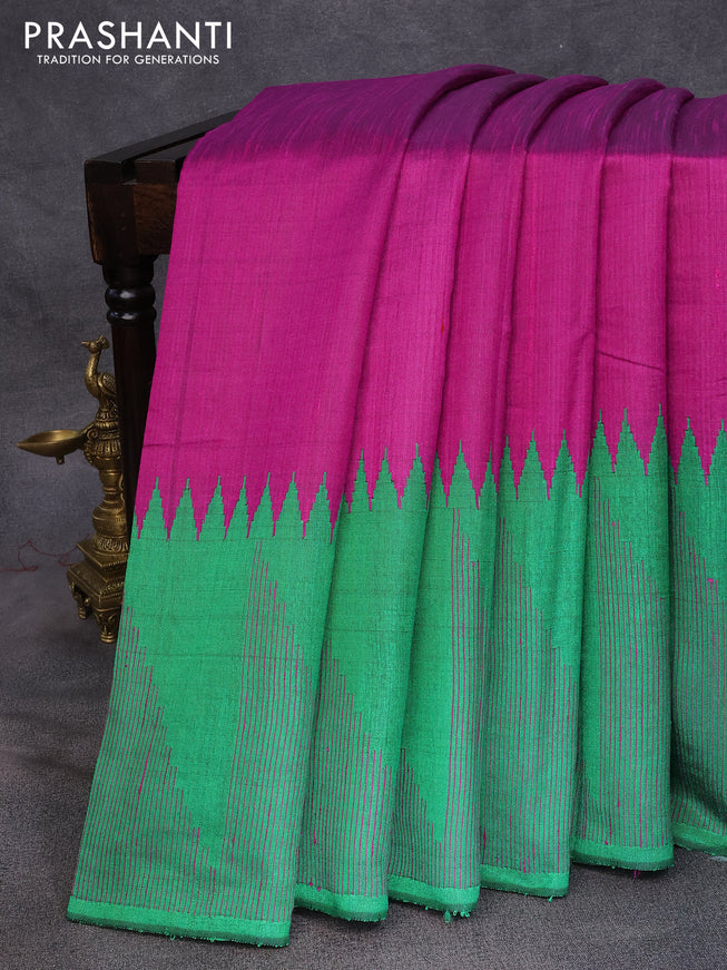Dupion silk saree magenta pink and green with plain body and temple design thread woven border