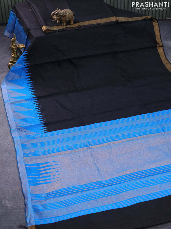 Dupion silk saree black and cs blue with plain body and temple design zari border
