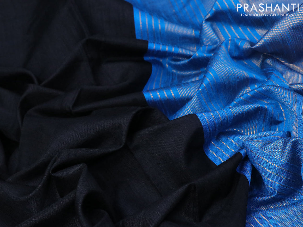 Dupion silk saree black and cs blue with plain body and temple design zari border