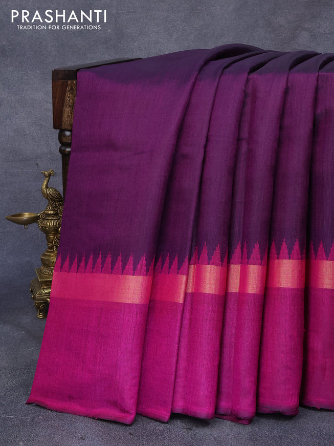 Dupion silk saree deep purple and magenta pink with plain body and temple design zari woven simple border