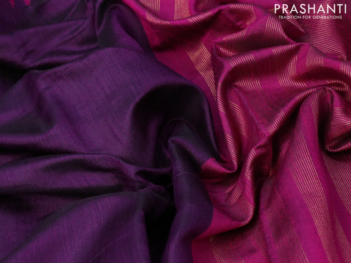 Dupion silk saree deep purple and magenta pink with plain body and temple design zari woven simple border
