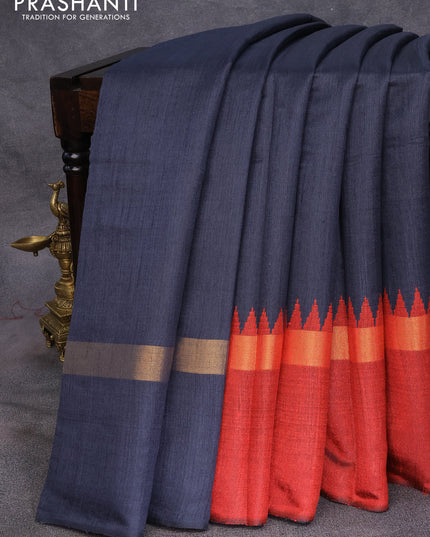 Dupion silk saree black and maroon with plain body and temple design zari woven simple border