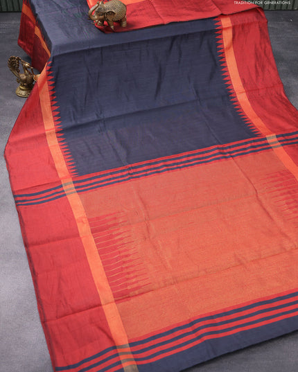 Dupion silk saree black and maroon with plain body and temple design zari woven simple border