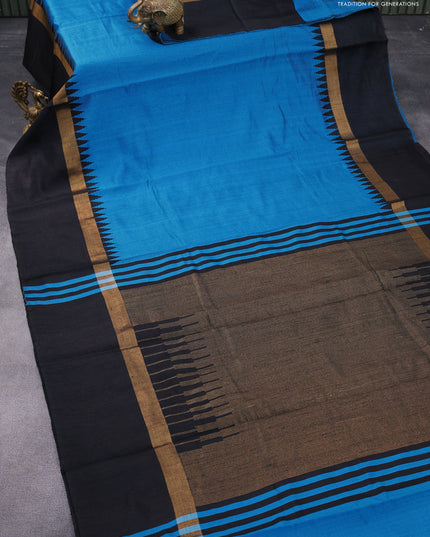 Dupion silk saree cs blue and black with plain body and temple design zari woven simple border