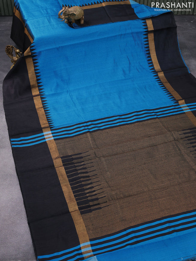 Dupion silk saree cs blue and black with plain body and temple design zari woven simple border
