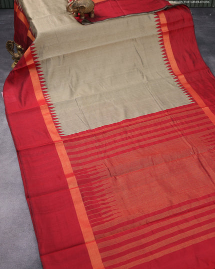Dupion silk saree beige and maroon with plain body and temple design zari woven simple border