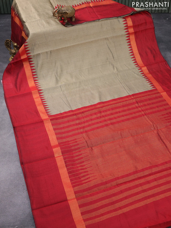 Dupion silk saree beige and maroon with plain body and temple design zari woven simple border