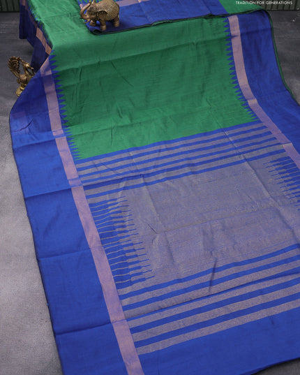 Dupion silk saree green and blue with plain body and temple design zari woven simple border