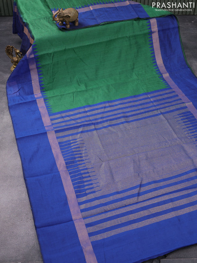 Dupion silk saree green and blue with plain body and temple design zari woven simple border
