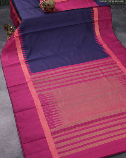 Dupion silk saree dark blue and magenta pink with plain body and temple design zari woven simple border