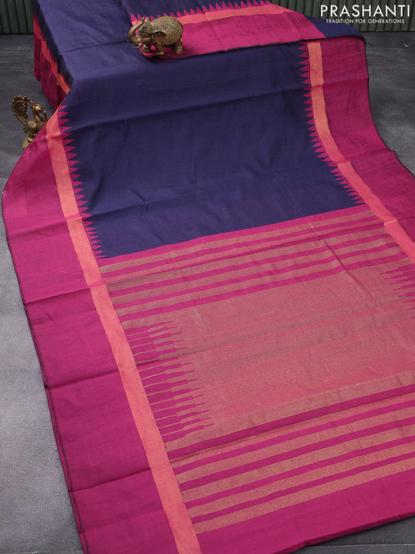 Dupion silk saree dark blue and magenta pink with plain body and temple design zari woven simple border