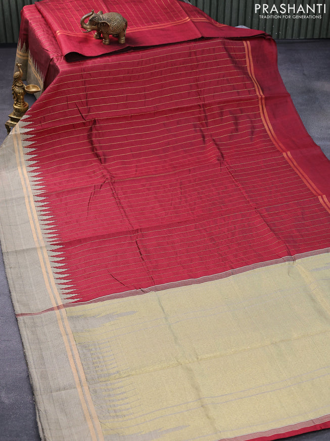 Dupion silk saree maroon and beige with allover zari weaves and temple design zari woven simple border