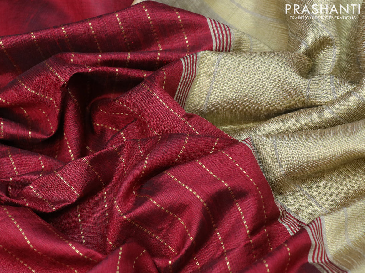 Dupion silk saree maroon and beige with allover zari weaves and temple design zari woven simple border