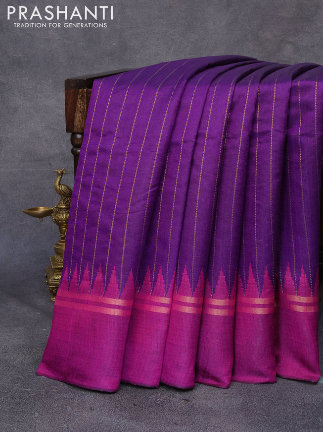 Dupion silk saree violet and magenta pink with allover zari weaves and temple design zari woven simple border