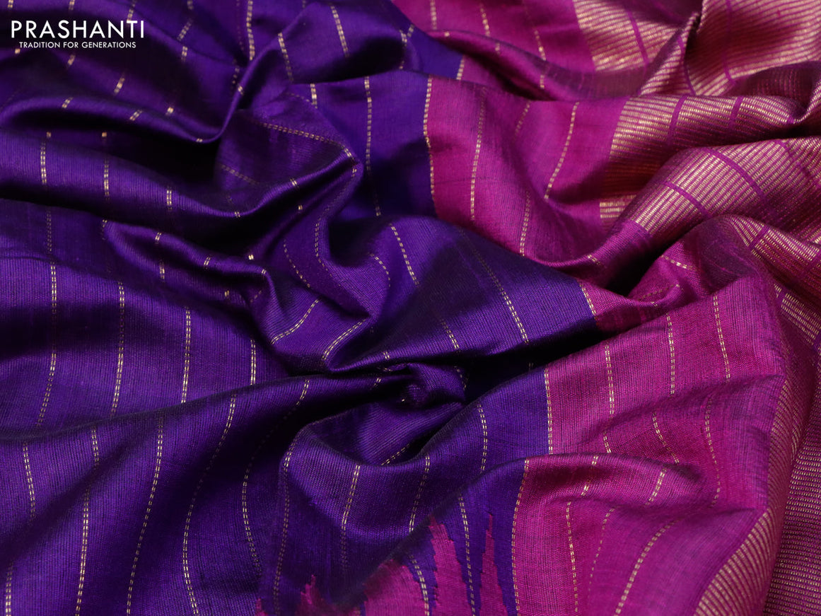 Dupion silk saree violet and magenta pink with allover zari weaves and temple design zari woven simple border