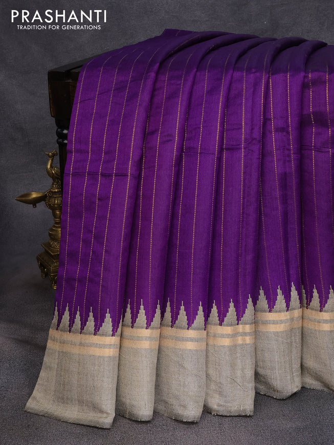 Dupion silk saree violet and grey shade with allover zari weaves and temple design zari woven simple border