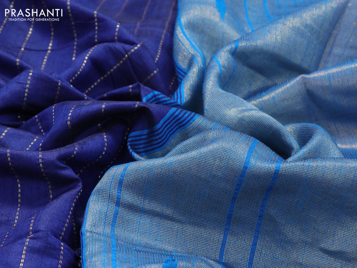Dupion silk saree blue and cs blue with allover zari weaves and temple woven zari border