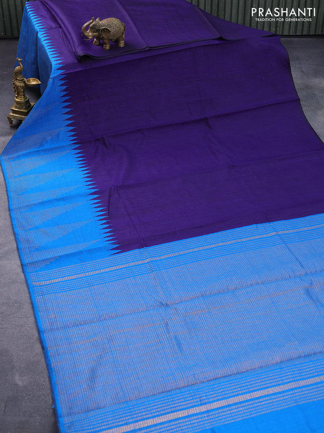 Dupion silk saree blue and cs blue with plain body and temple woven zari border