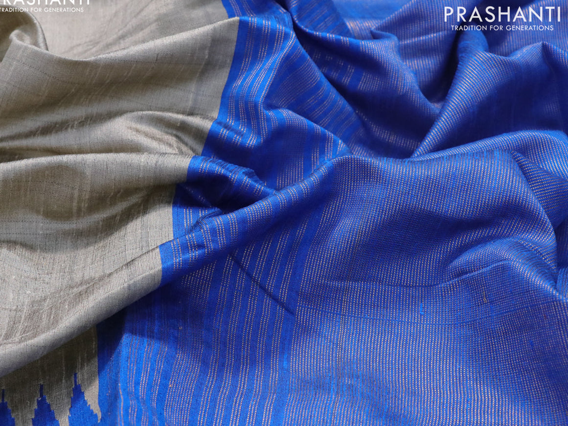Dupion silk saree beige and cs blue with plain body and temple woven zari border