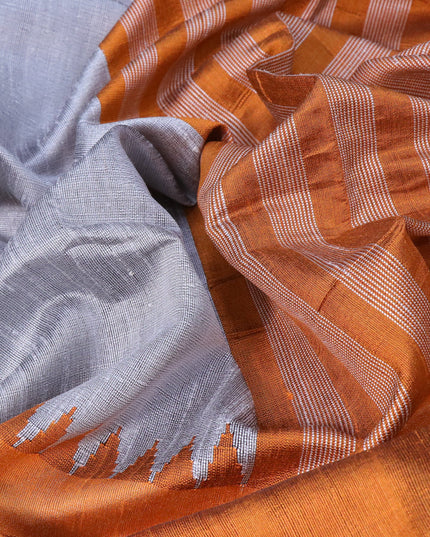 Dupion silk saree grey and orange with plain body and temple design zari woven simple border