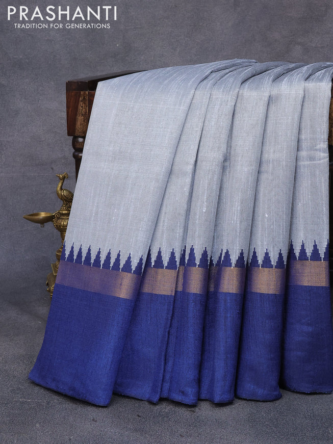 Dupion silk saree grey and blue with plain body and temple design zari woven simple border