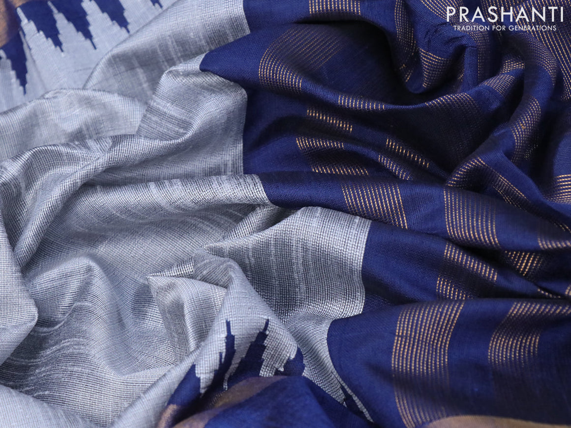 Dupion silk saree grey and blue with plain body and temple design zari woven simple border