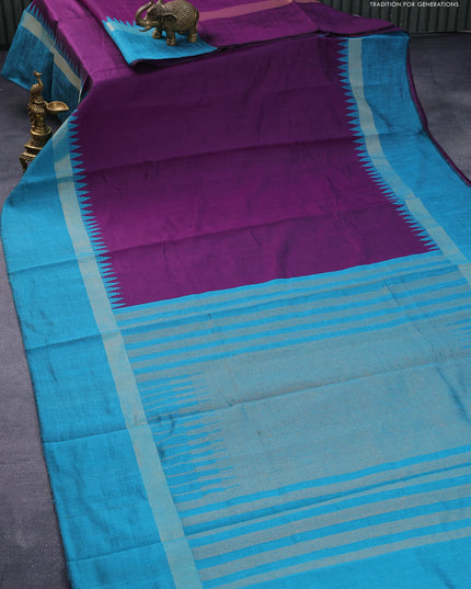 Dupion silk saree purple and teal blue with plain body and temple design zari woven simple border